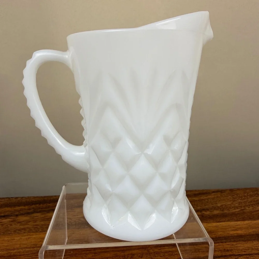 Anchor Hocking Milk Glass Pitcher Pineapple Pattern White Vtg Mid Century 6in
